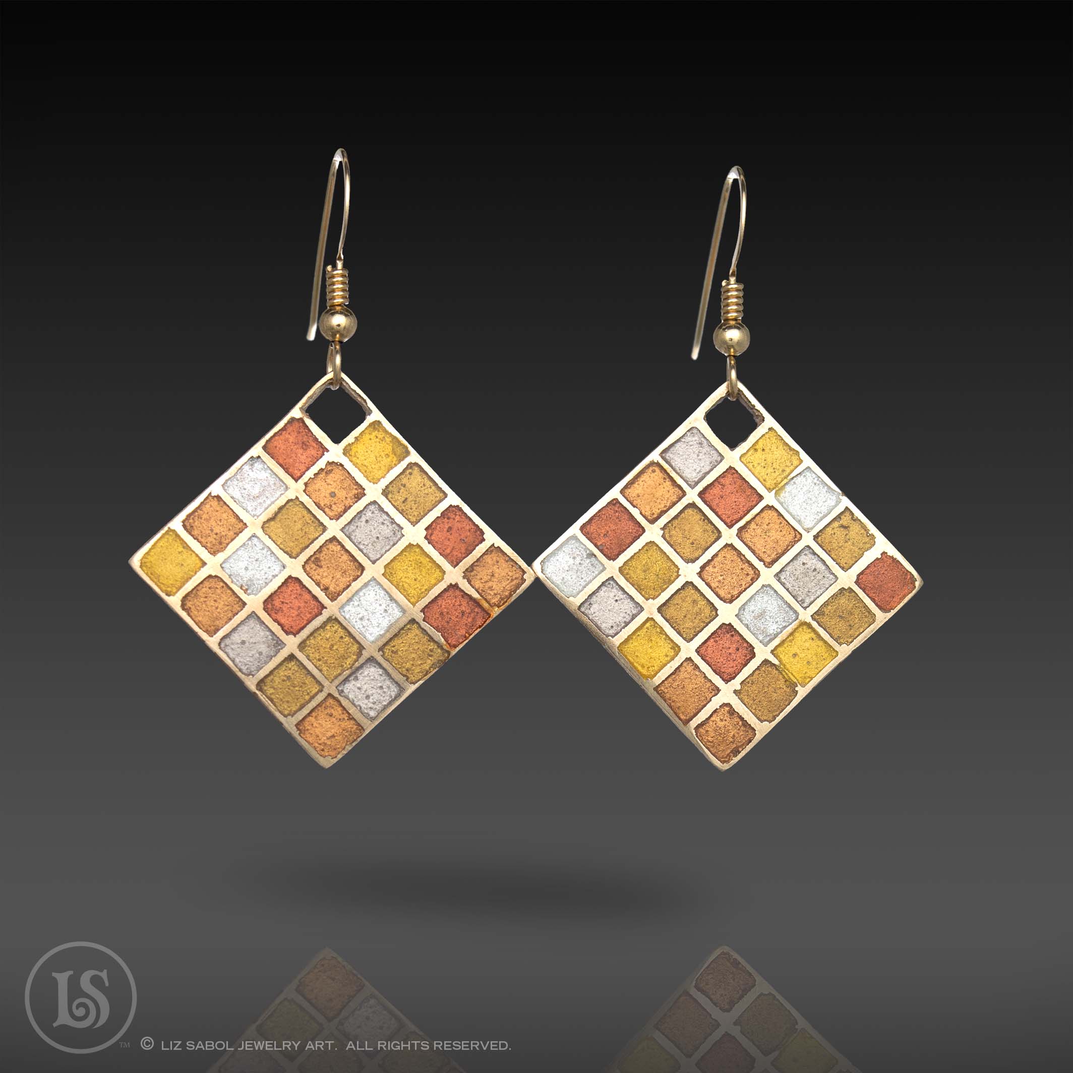 Grids Earrings, Bronze