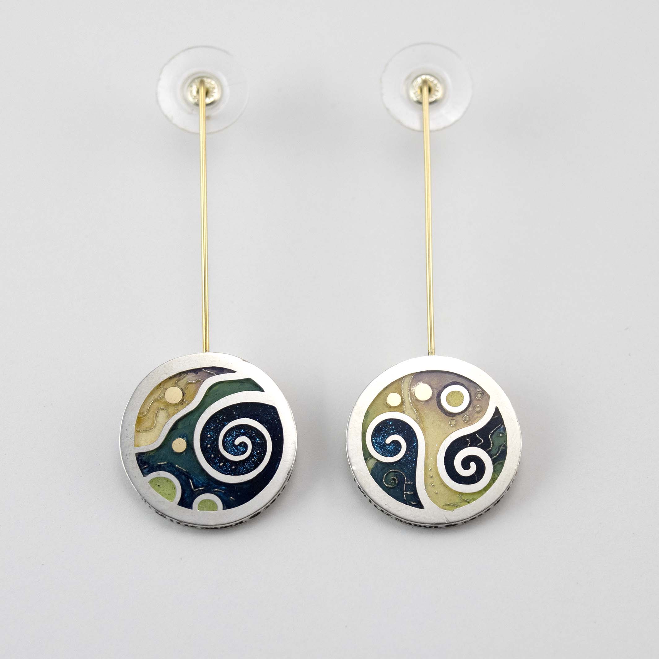 Jupiter Round 2 Earrings, 960 Sterling Silver, 14K Gold