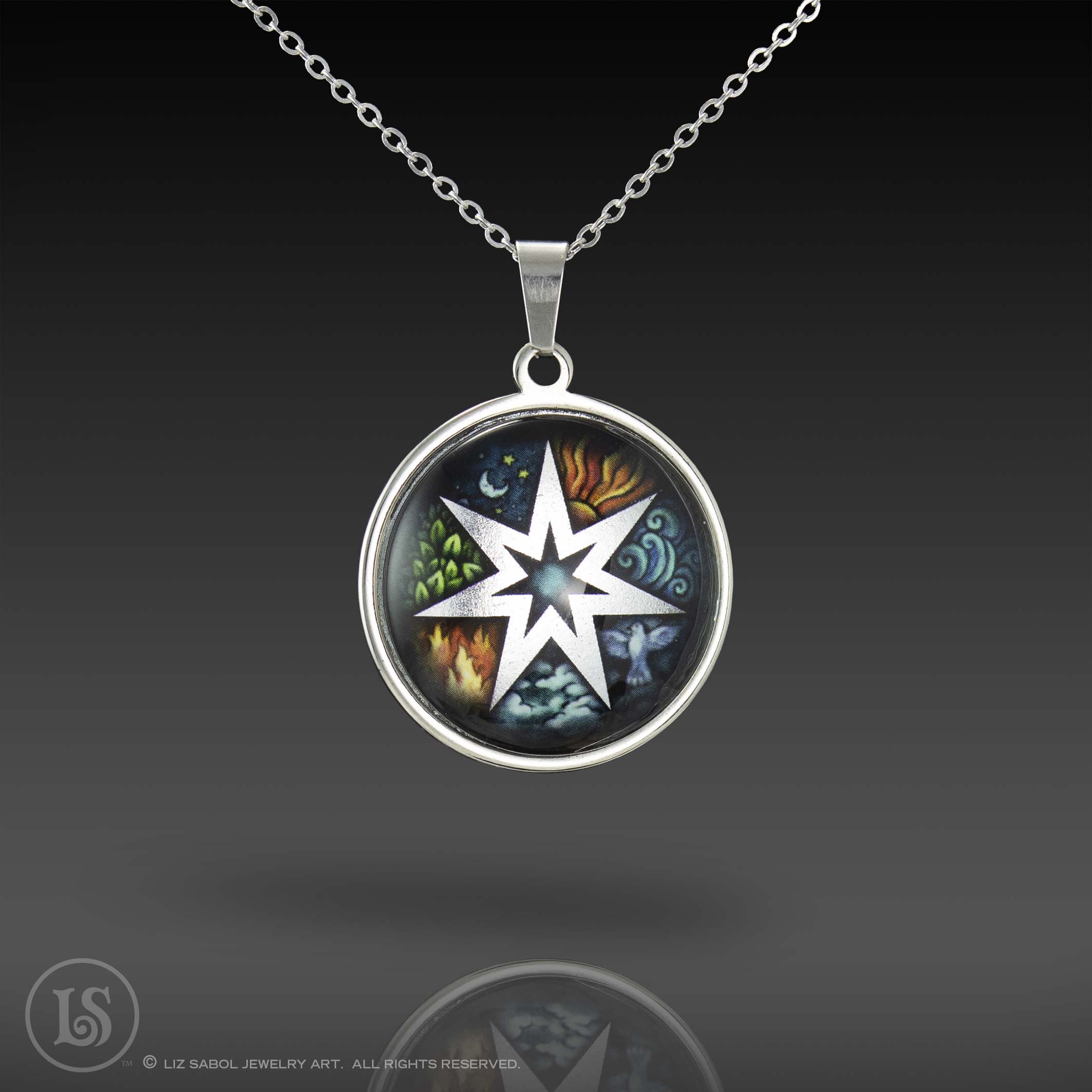 Elemental Septagram Pendant, Glass, Stainless Steel